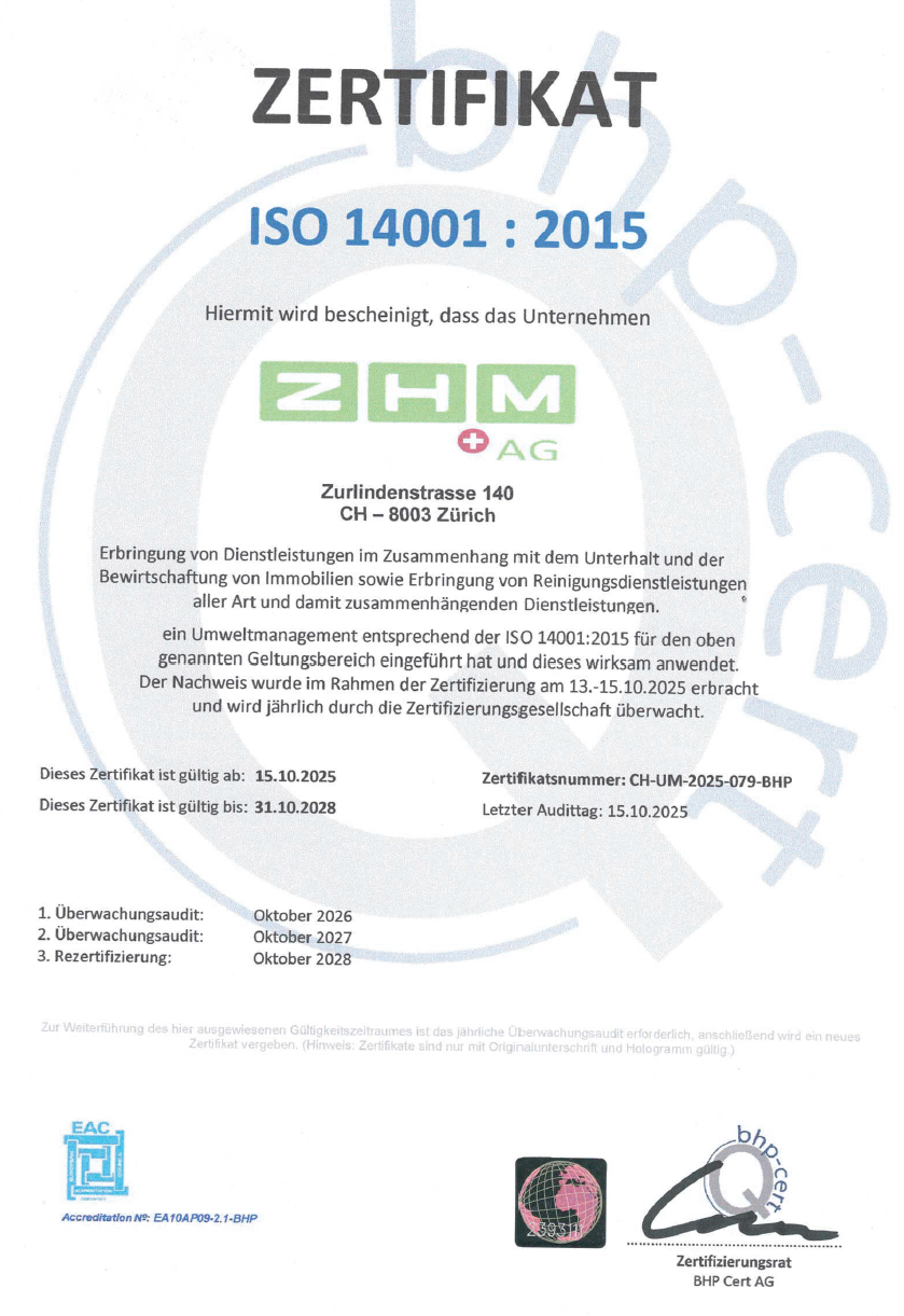 Zertifikat ISO 14001:2015, Umweltmanagement, ZHM AG