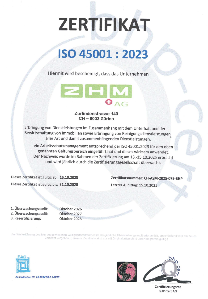 Zertifikat ISO 45001:2023, Arbeitsschutzmanagement, ZHM AG
