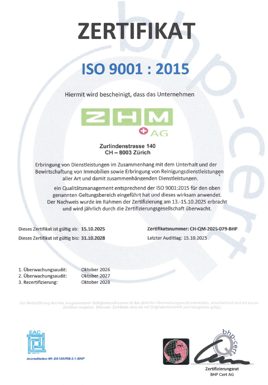 Zertifikat ISO 9001:2015, Qualitätsmanagement, ZHM AG